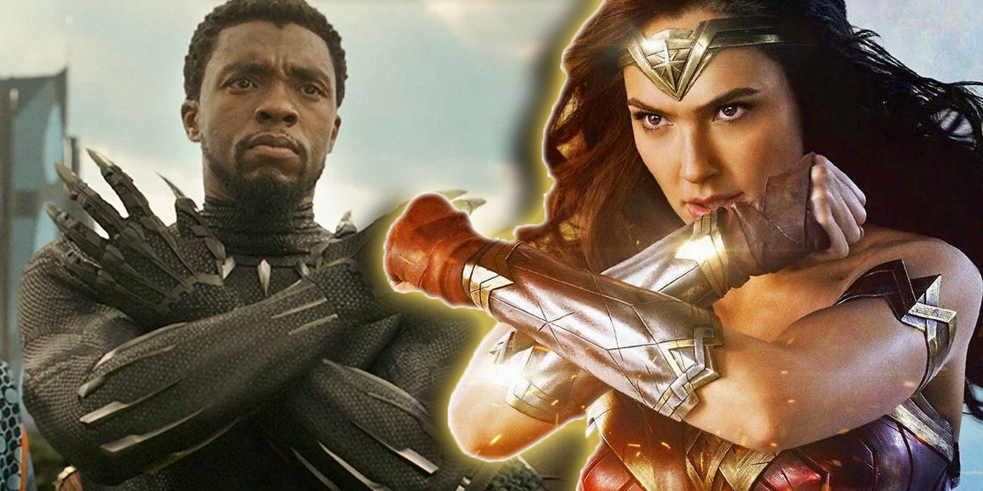 Black Panther and Wonder Woman in powerful poses, highlighting their costumes and heroism.