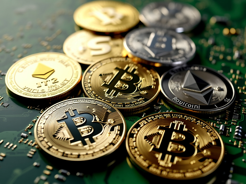 A collection of various cryptocurrencies, including Bitcoin, Ethereum, and Litecoin, displayed on a circuit board background.