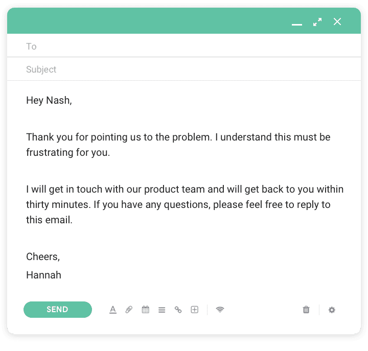 Draft email from Hannah to Nash regarding a product issue.