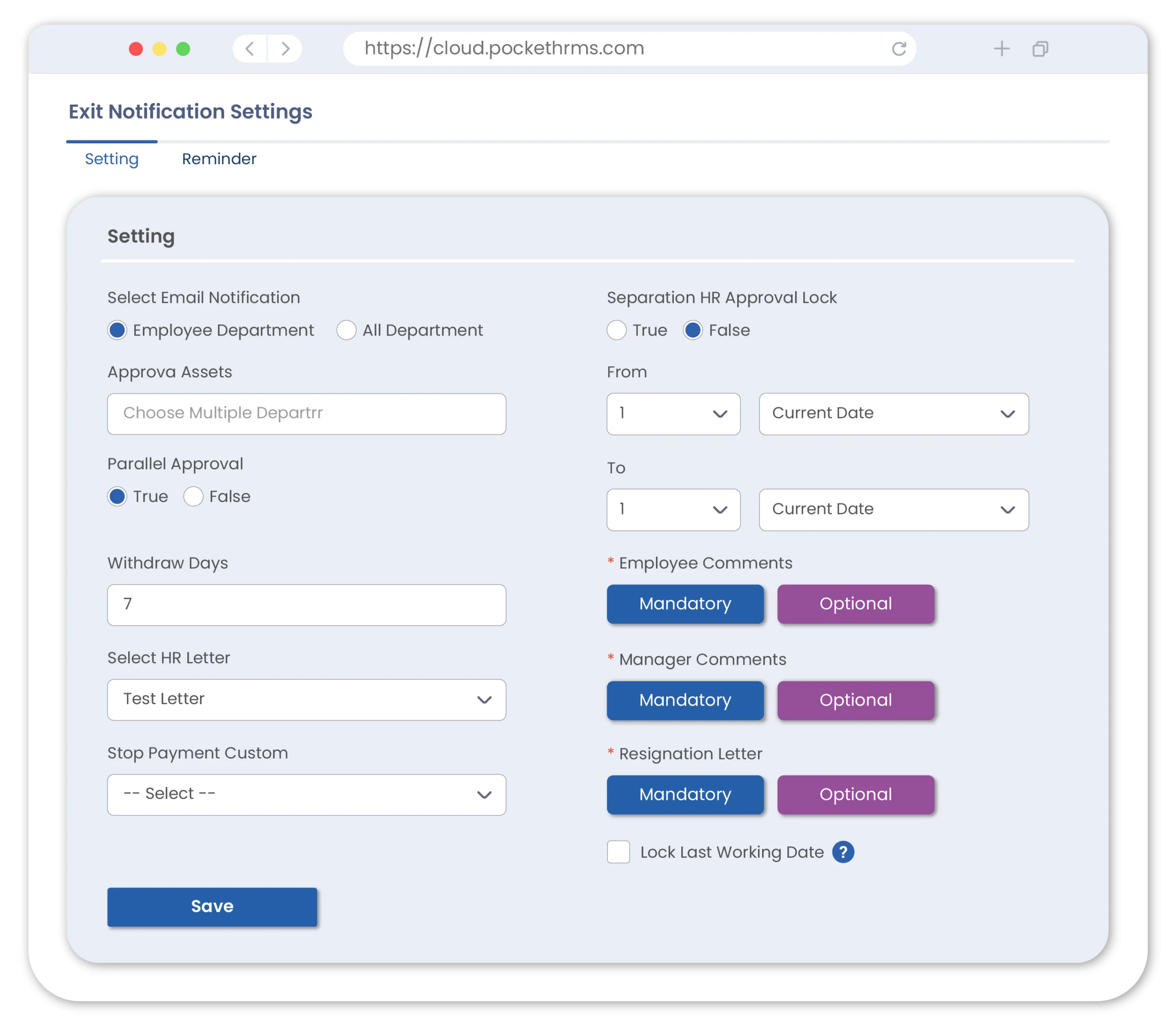 Exit notification settings interface for an HR system with options