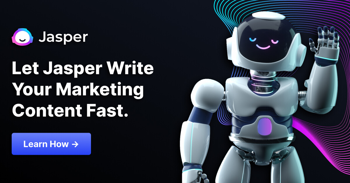 Friendly robot character Jasper promoting quick marketing content writing