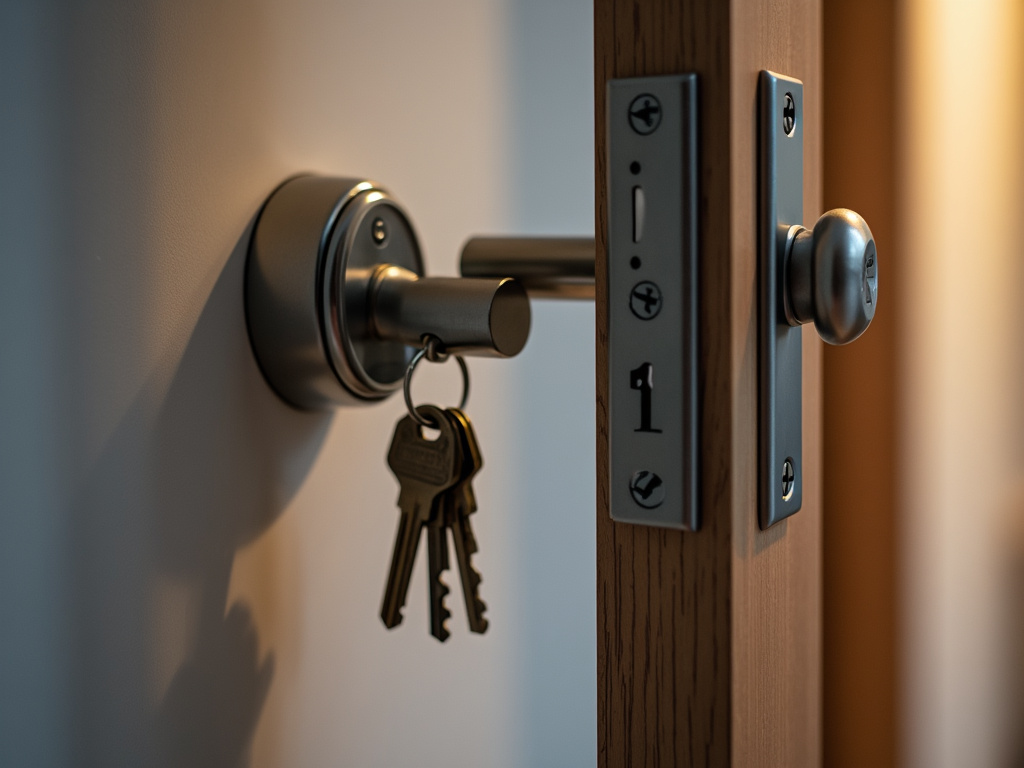 A key inserted in a modern door lock with other keys visible.