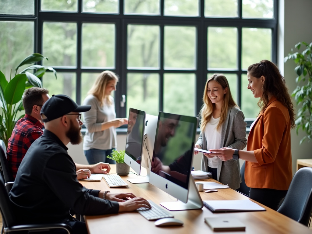 A group of four employees engaged in conversation in a modern office.