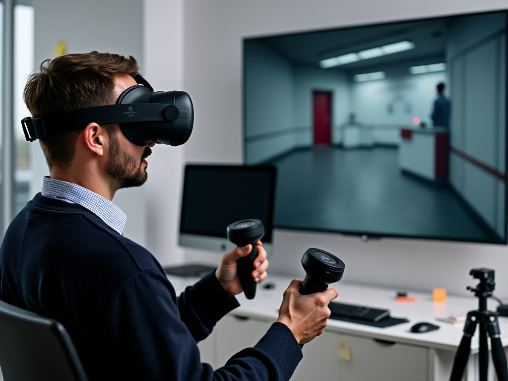 A man wearing a virtual reality headset is involved in an interactive simulation involving a fire extinguisher in a control room.