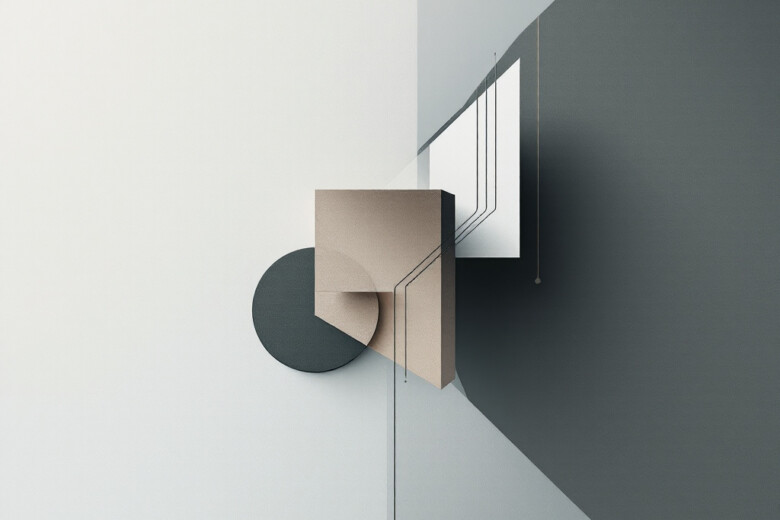 A minimalist abstract composition featuring geometric shapes in muted colors.