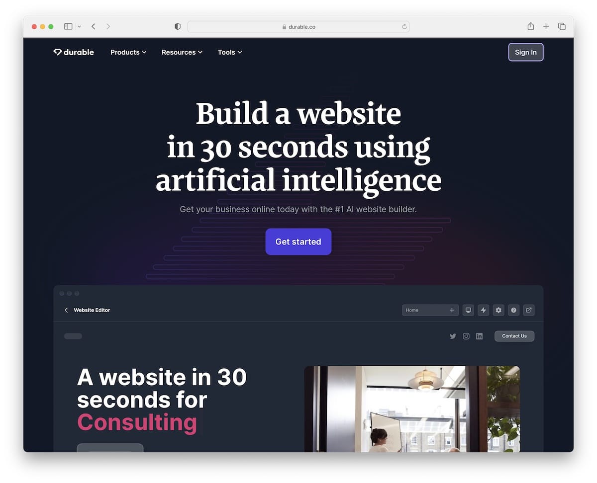 A promotional display for building websites with AI in 30 seconds