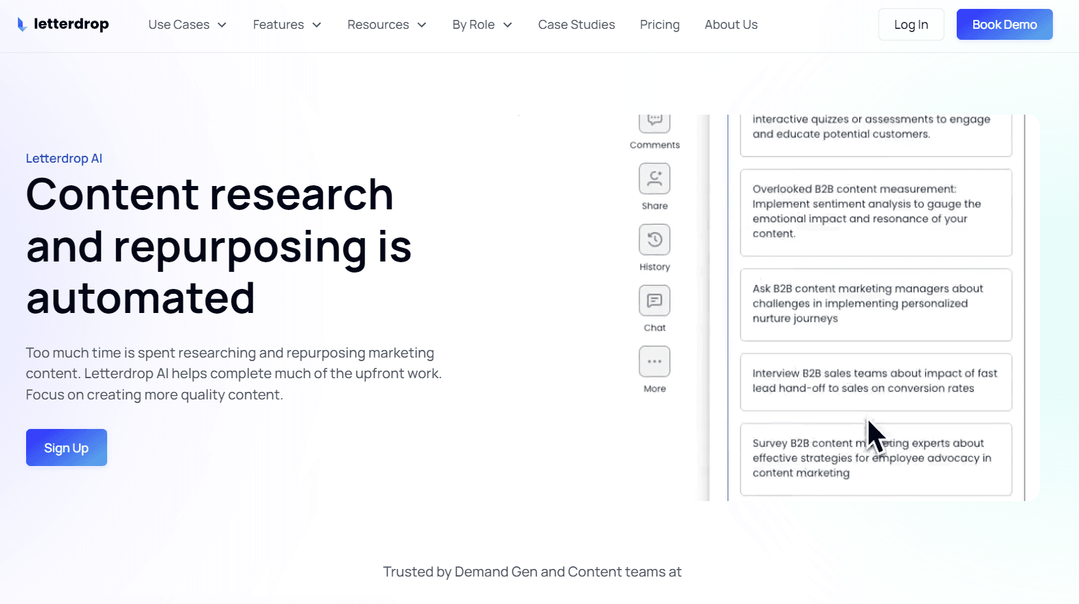 Showcasing Letterdrop AI for automated content research.