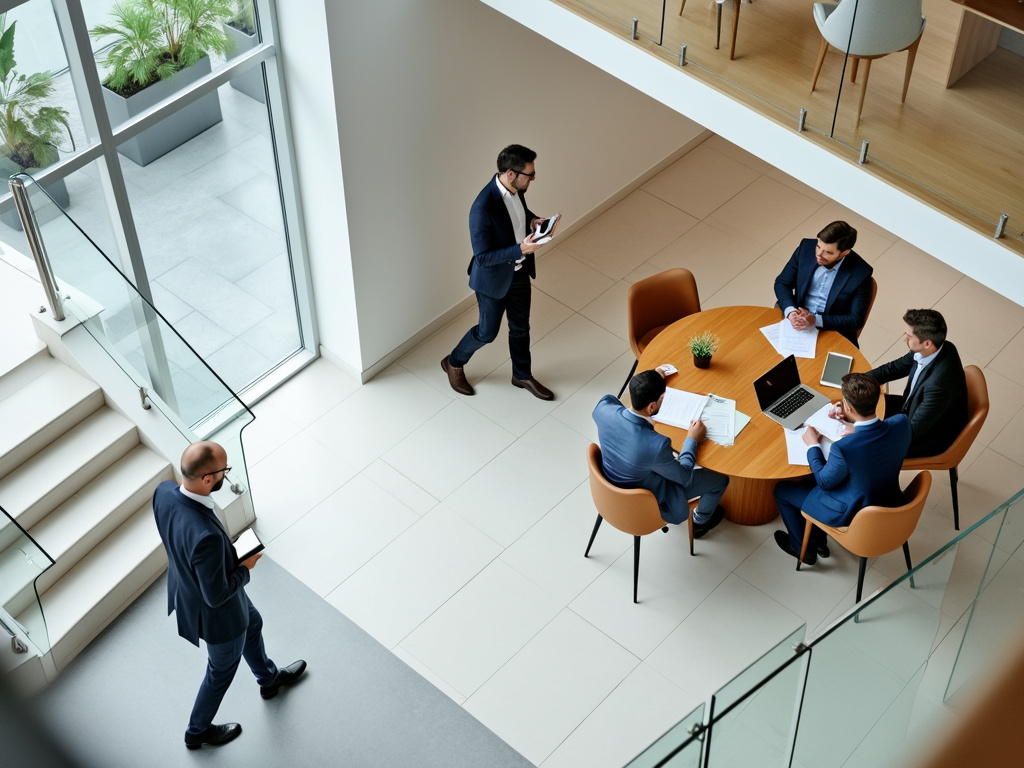 A modern office space featuring collaborative seating and a staircase.