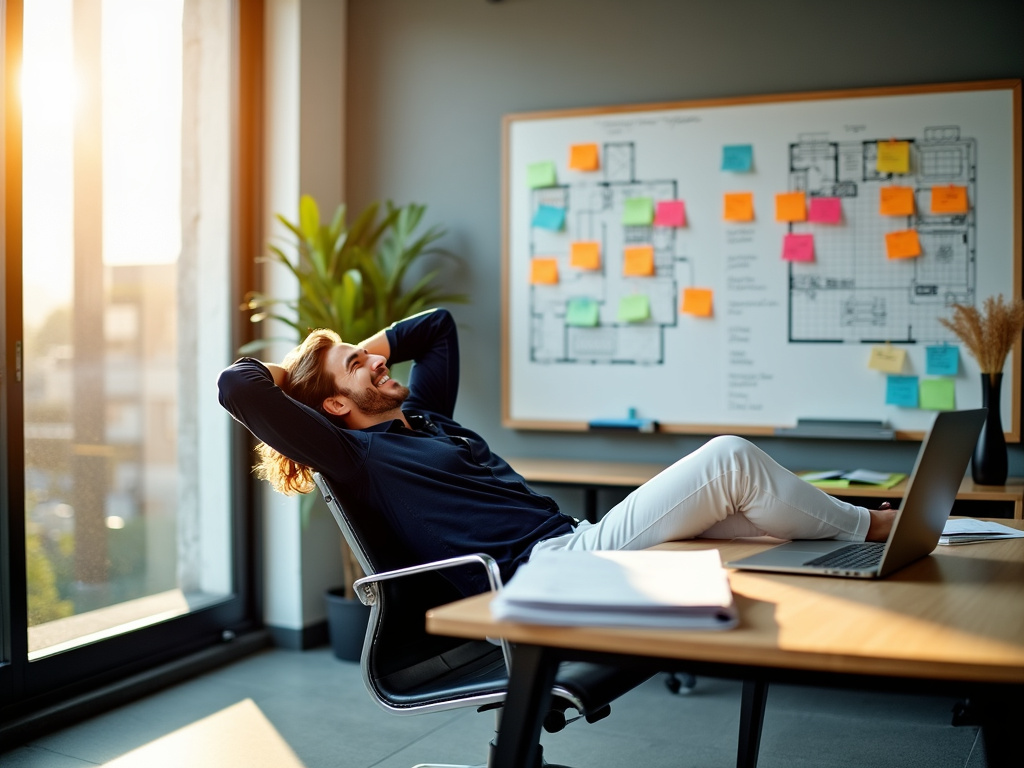 A person stretching and relaxing in a modern office environment.