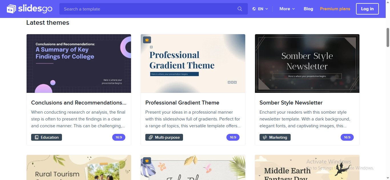 A variety of presentation templates displaying different themes.