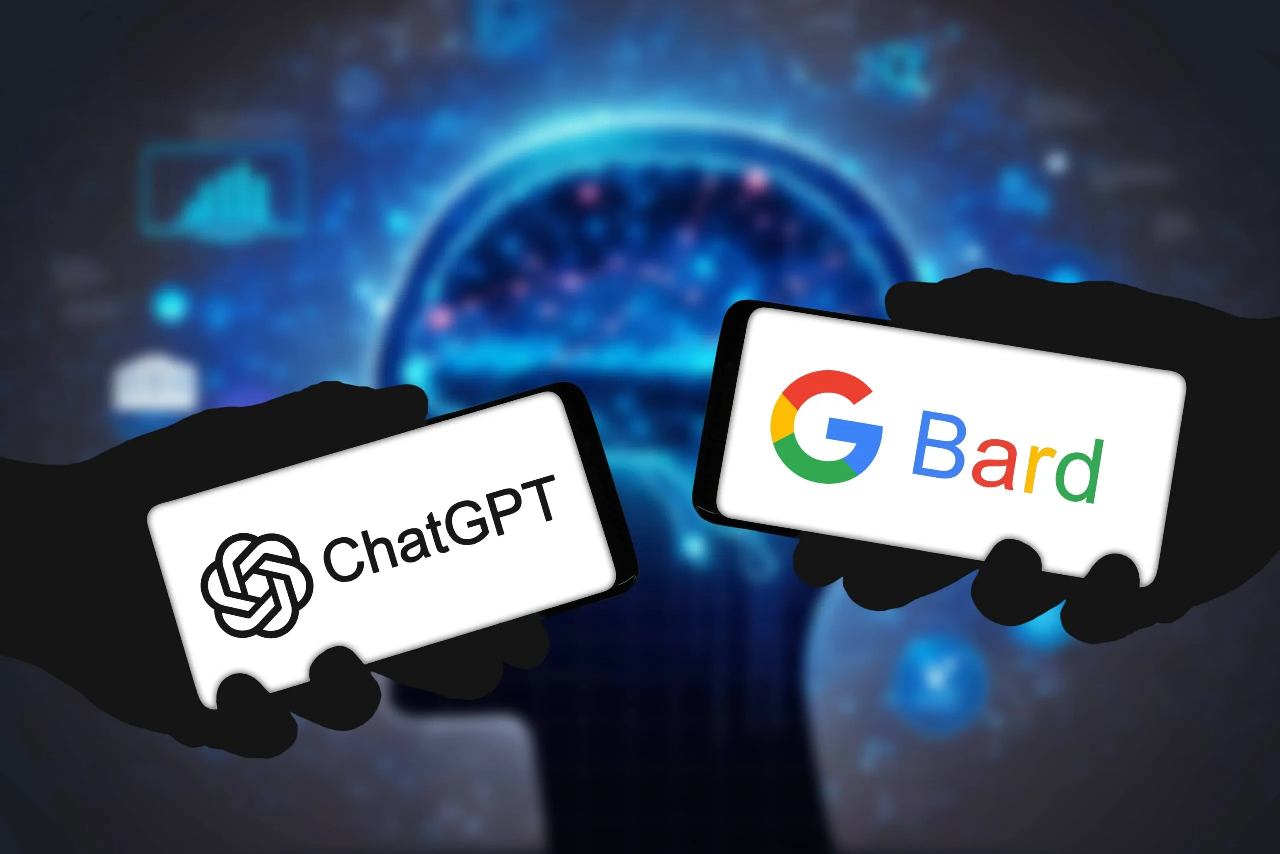 Two smartphones displaying ChatGPT and Google Bard logos