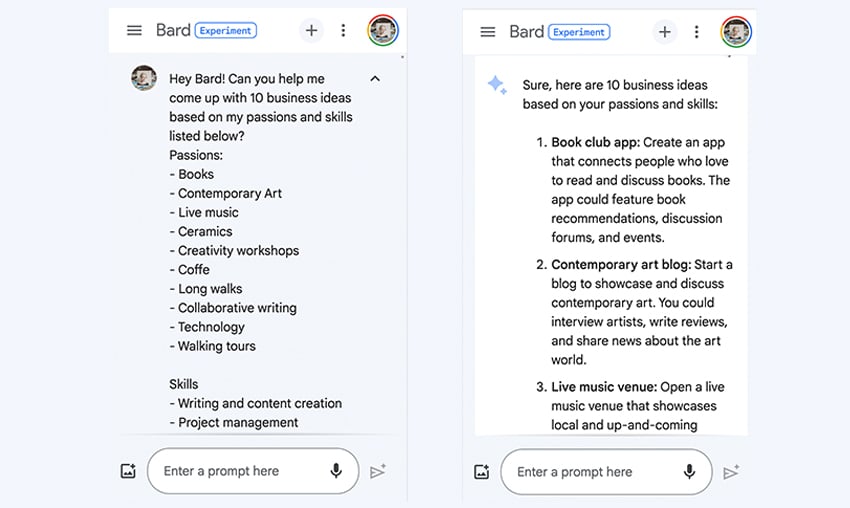 User engaging with the Bard app for business idea generation