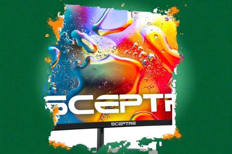 Vibrant Sceptre monitor display with colorful abstract water droplets effect.