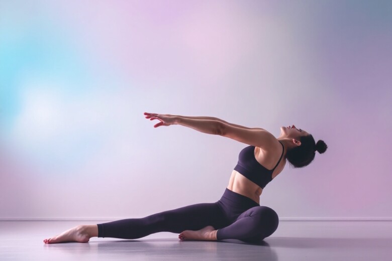 A person performing a dynamic stretch in a minimalist setting, emphasizing mobility and calmness.