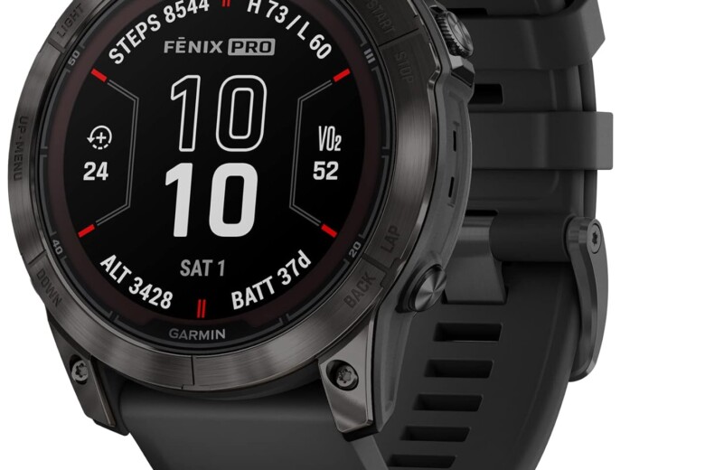 Garmin Fenix Pro smartwatch showing fitness statistics on a black dial and strap.