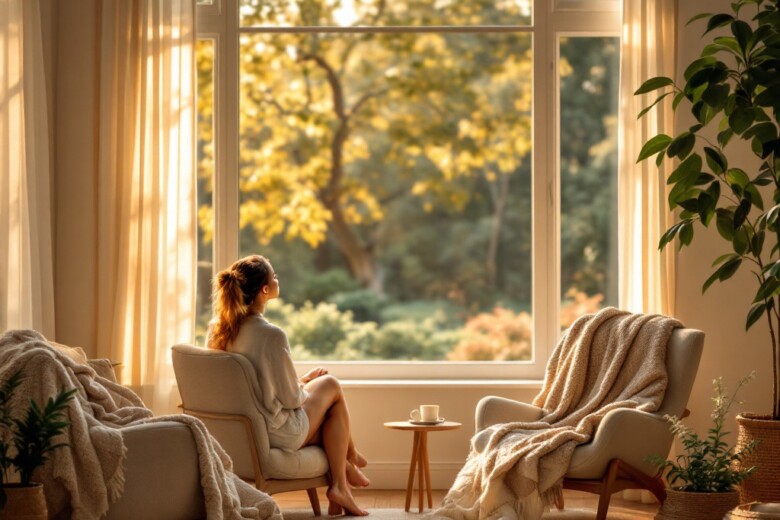 Cozy indoor space with a woman relaxing by a sunny window, surrounded by plants.