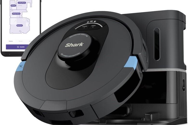 A Shark robotic vacuum cleaner next to a smartphone app for remote control.