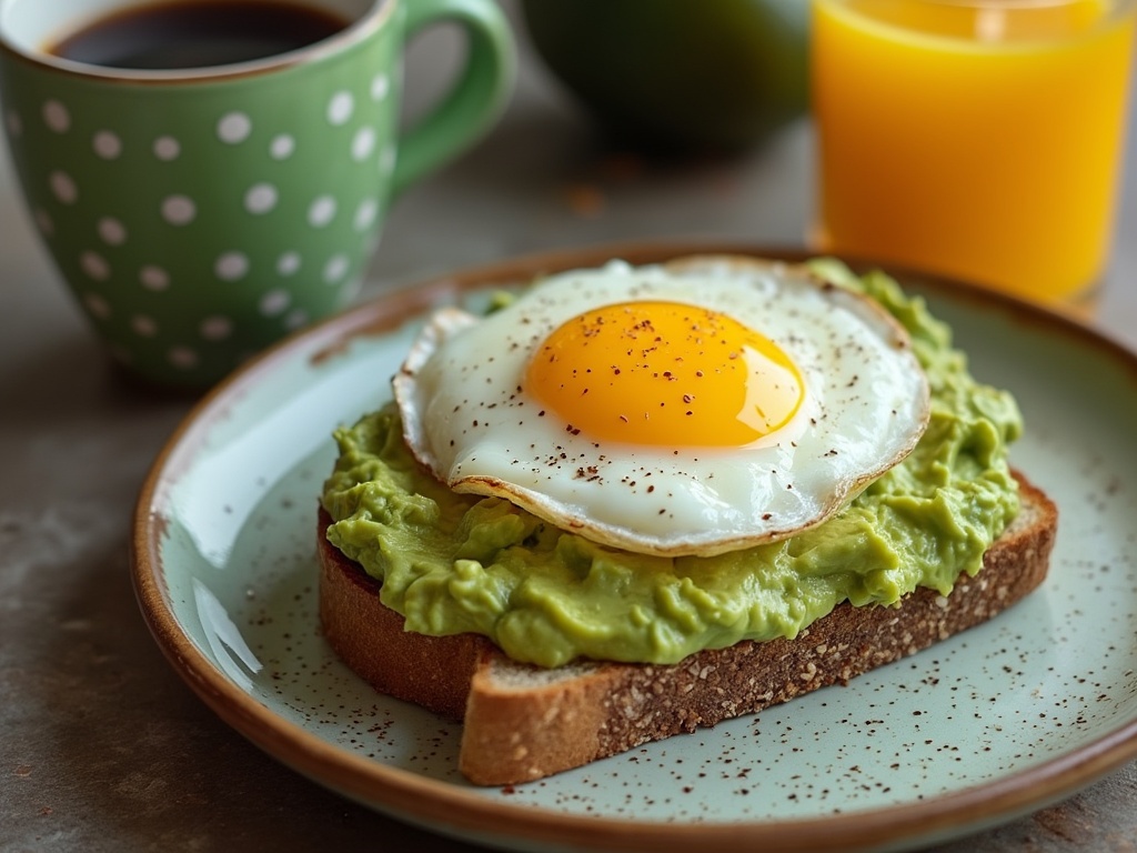 A slice of sesame seed bread topped with avocado and a fried egg.