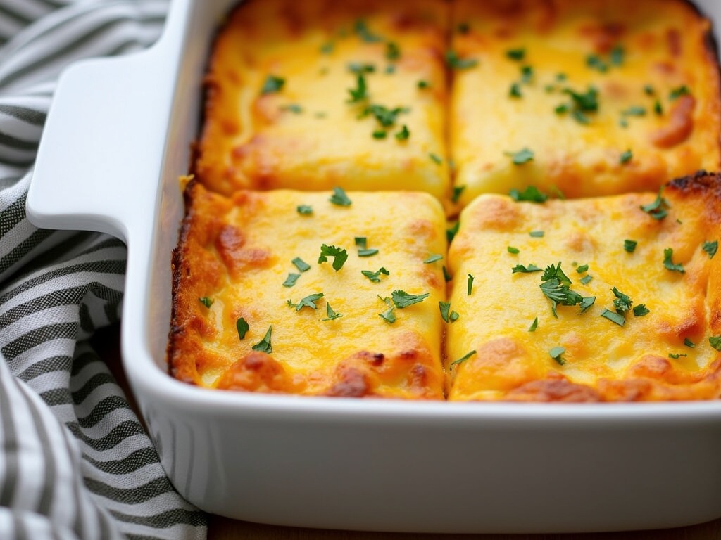 Baked vegetable breakfast squares with melted cheese and parsley.