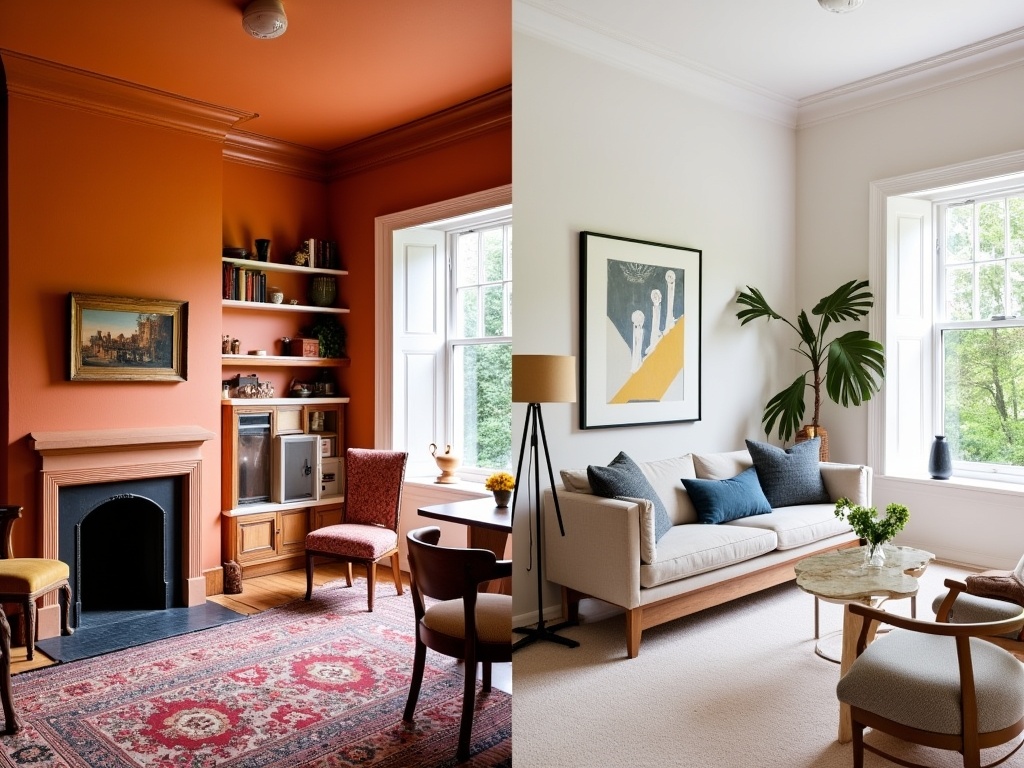 A split-screen interior room photo showing a dramatic before and after transformation of a living room.