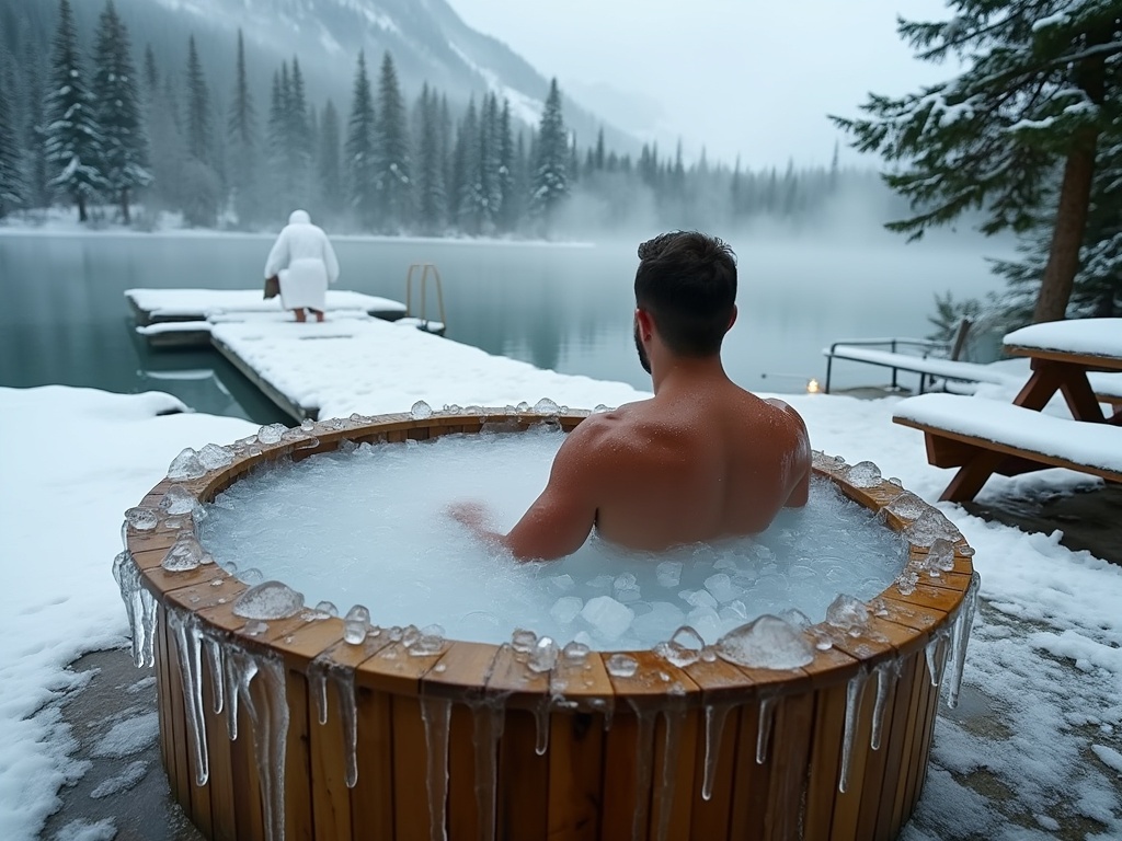 A man immerses in a wooden tub filled with ice and water in winter.