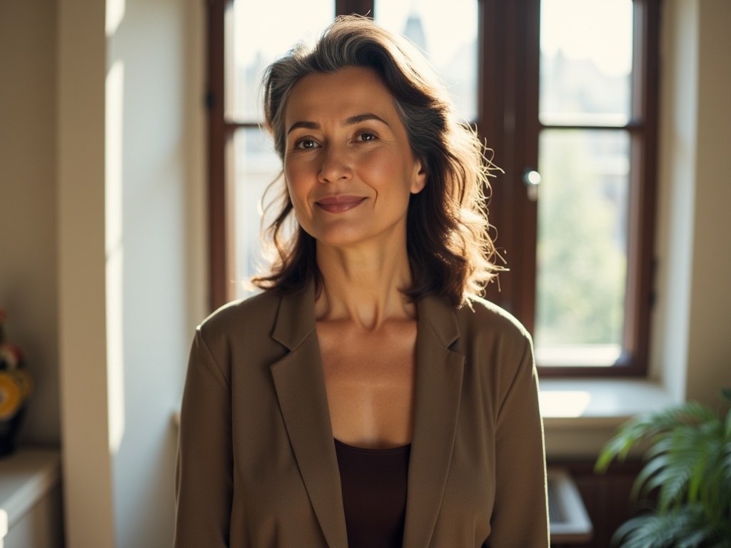 A confident middle-aged woman with gray streaks in her dark hair stands by a sunlit window, smiling warmly while wearing a stylish blazer.