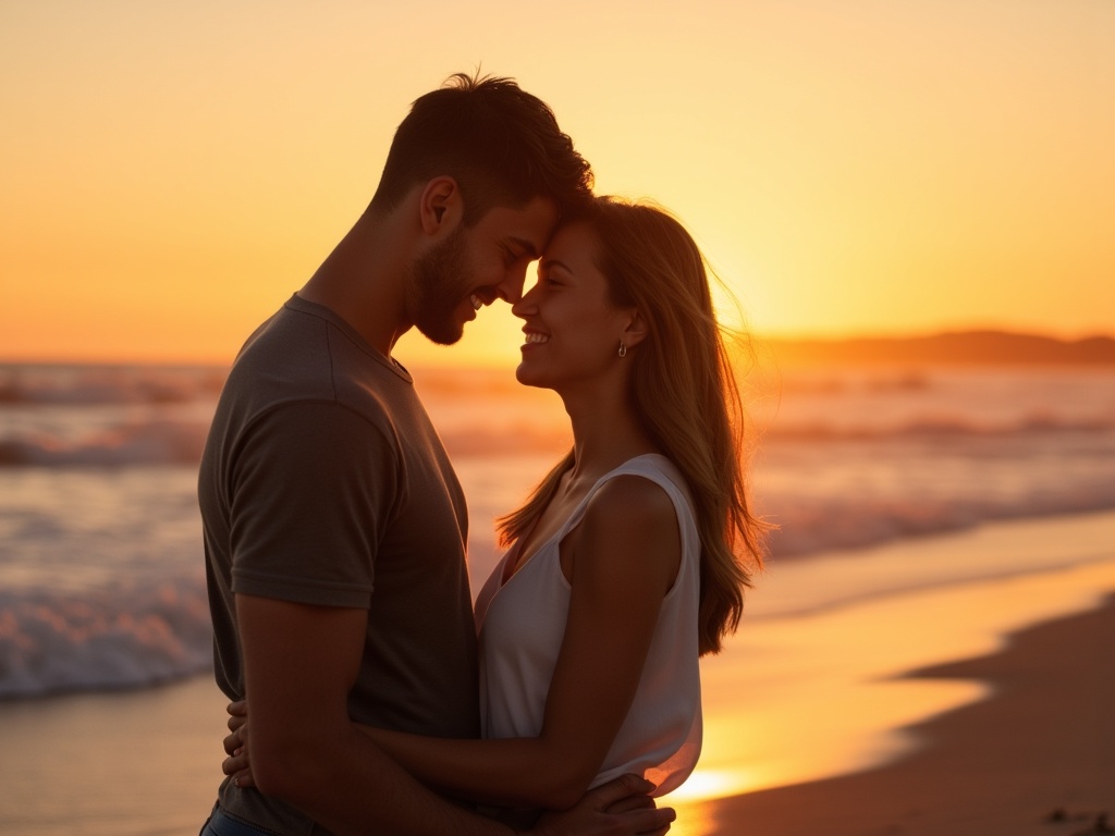 A couple embracing on a beach at sunset, symbolizing love and connection.