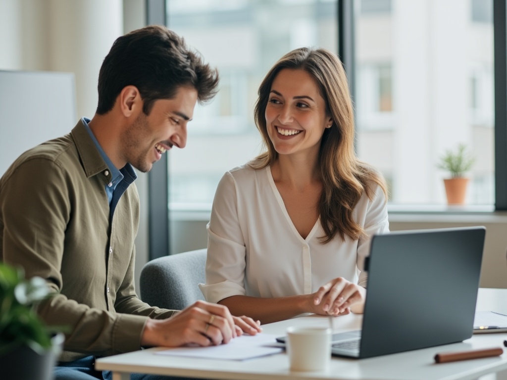 A modern couple collaborating on a task in a professional setting.