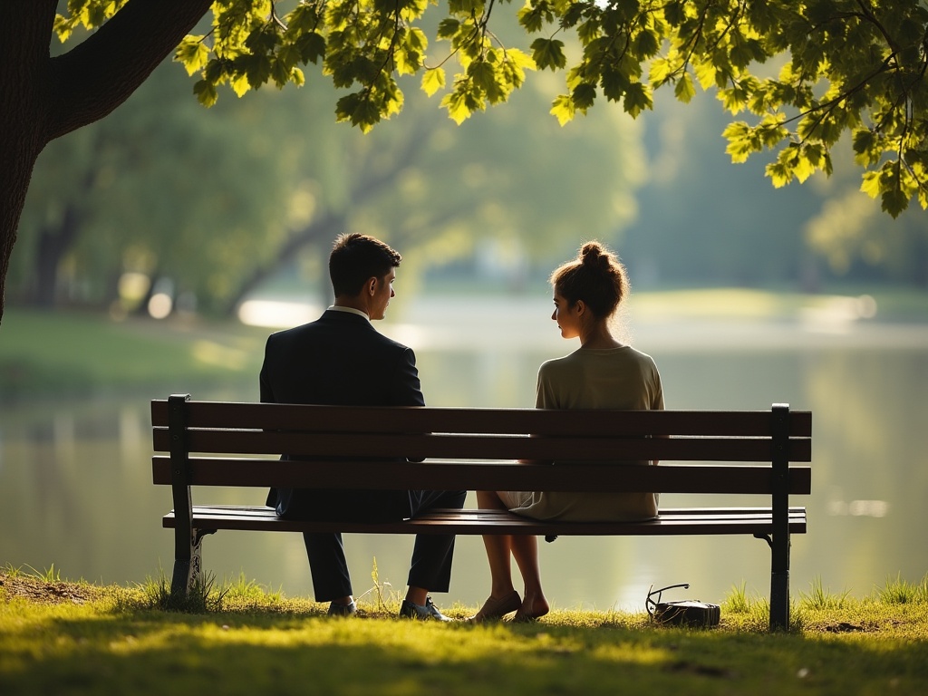 A couple sitting on a park bench, engaged in a thoughtful conversation, with trees and a lake in the background.