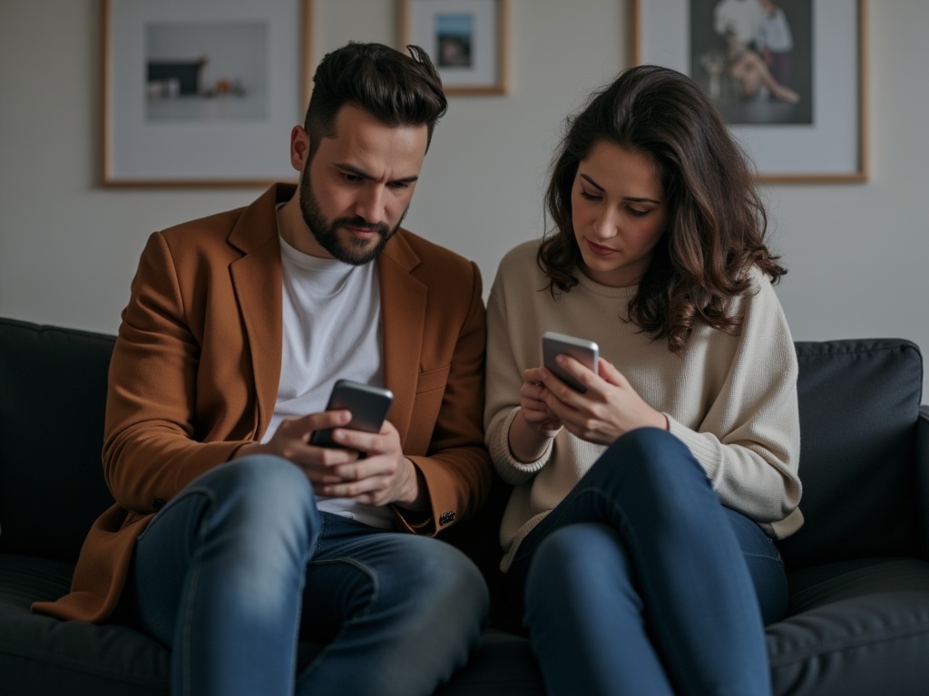 A couple sitting on a couch, both deeply engaged with their smartphones, reflecting poor communication in their relationship.