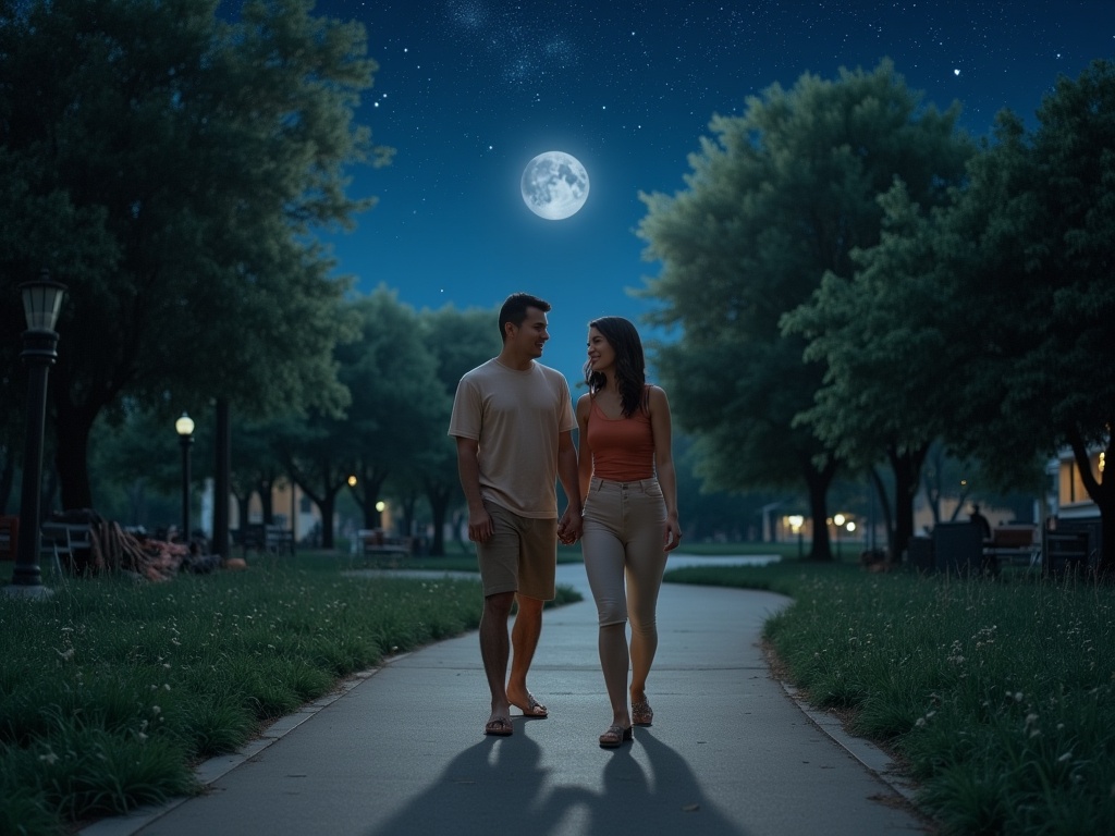 A couple walking hand-in-hand along a moonlit park path surrounded by greenery and a starry night sky.