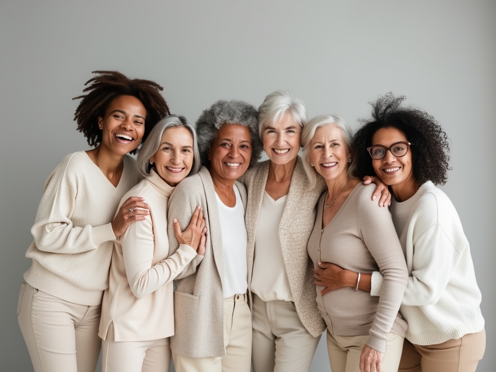 A diverse group of six women exuding joy and friendship.