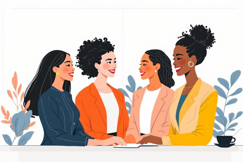 A minimalist illustration showing a diverse group of confident women in a collaborative setting.