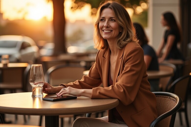 Elegant middle-aged woman sitting at a modern outdoor cafe during sunset with a wine glass and smartphone on the table.