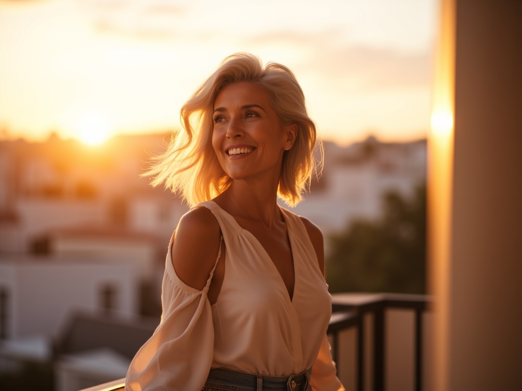 A mature woman with silver-streaked hair smiling on a balcony during sunset.