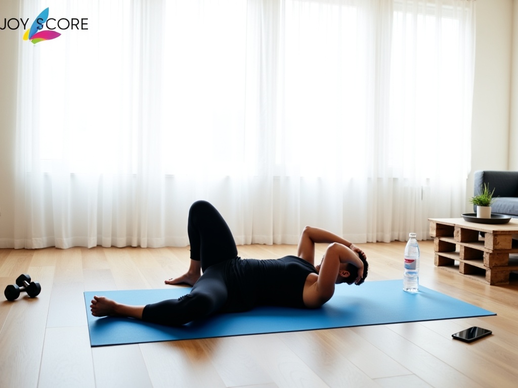 A person exercising on a yoga mat in a bright, airy space.