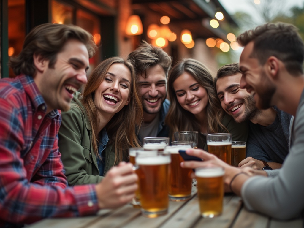 A group of young adults gathered at a pub smiling and using a smartphone.