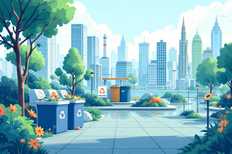 A modern, minimalist illustration of a clean futuristic city with sustainable waste management systems.