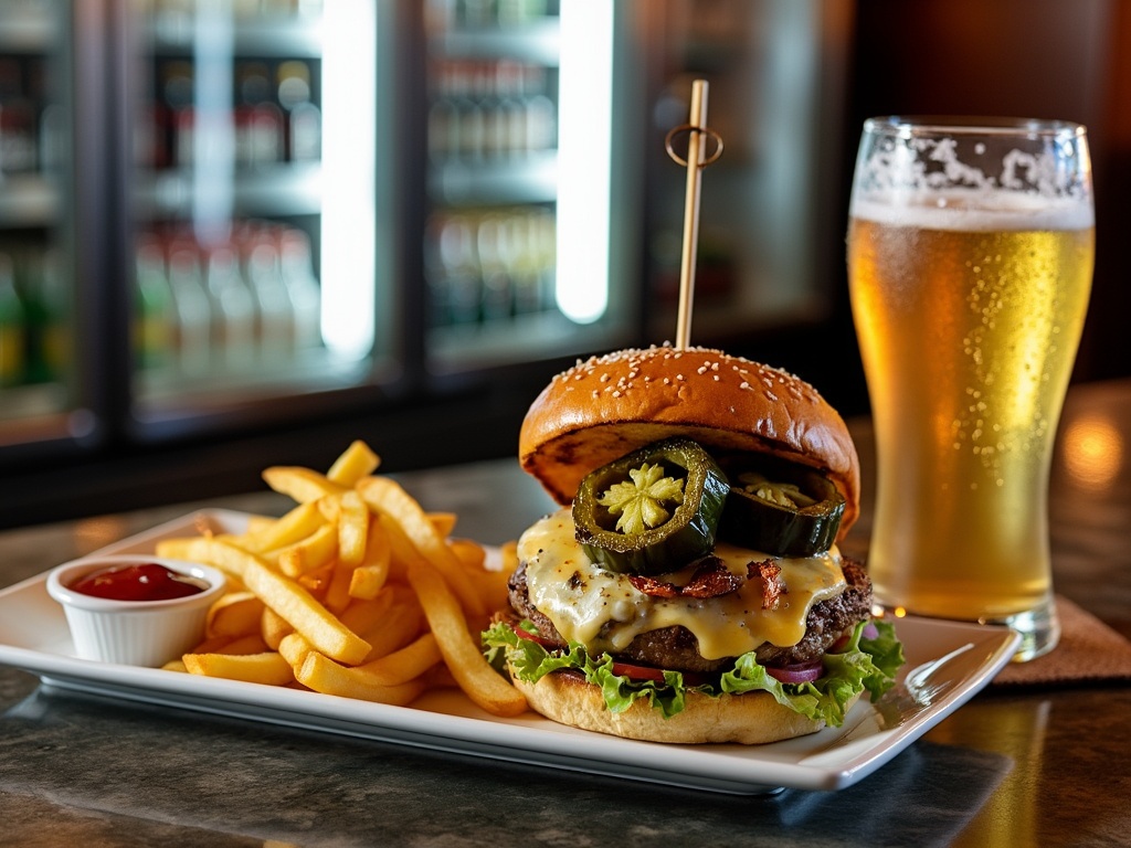 Close-up of a gourmet burger with jalapeno and crispy fries.