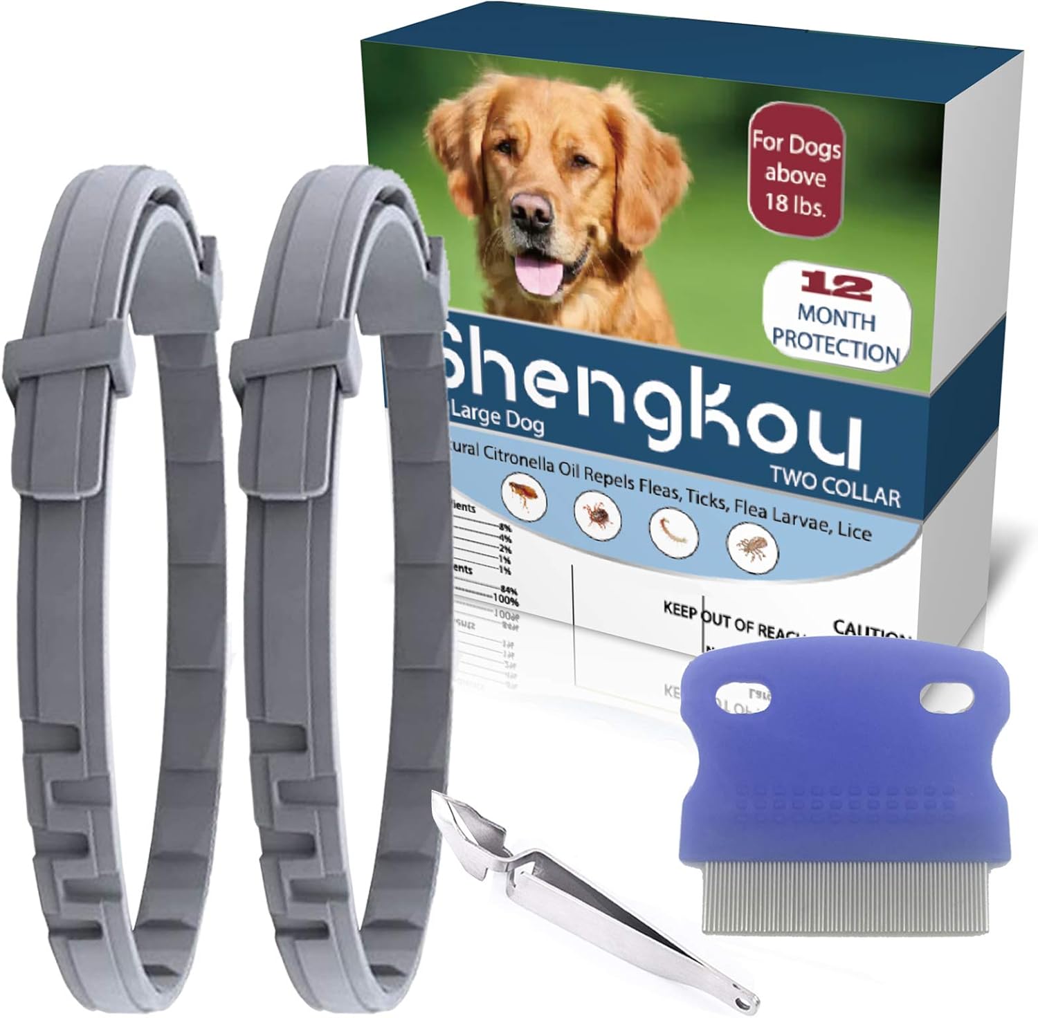 Two gray dog collars for flea prevention with a comb and tweezers.