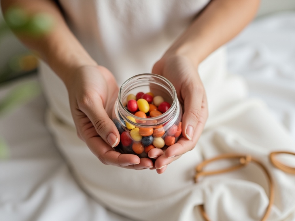 A pair of hands holding a small glass jar filled with colorful candies, symbolizing self-care and indulgence.