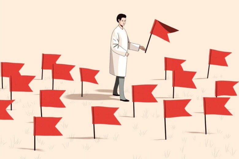 A human figure cautiously navigating a field filled with vibrant red flags, representing the importance of recognizing relationship red flags.