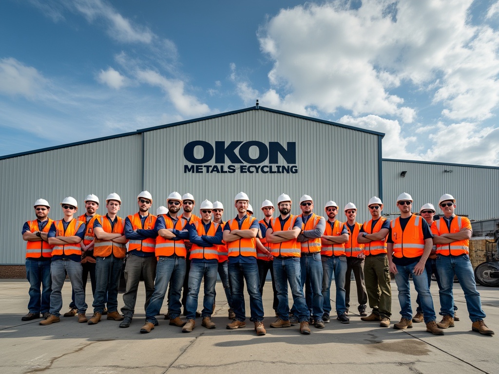 A diverse group of industrial workers in safety gear.