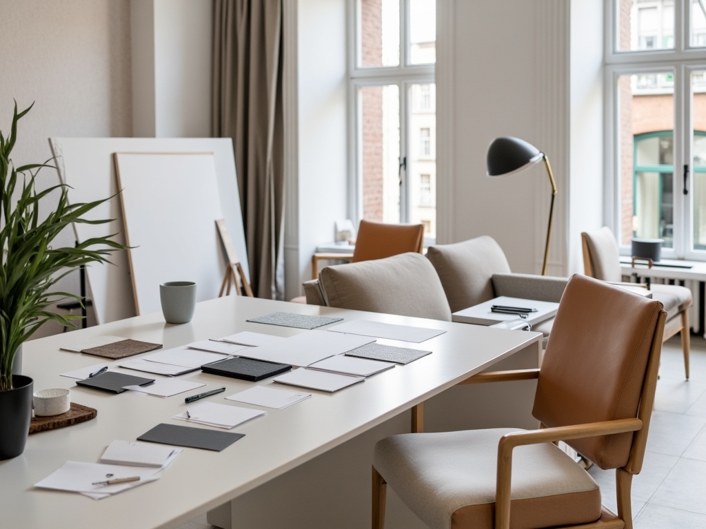 A modern interior design studio workspace featuring a sleek white desk with a MacBook, design materials, and city views through large windows.