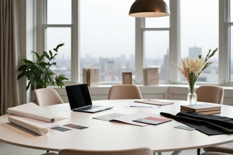 A contemporary interior design workspace with a sleek white desk, laptop, and material swatches in natural light.