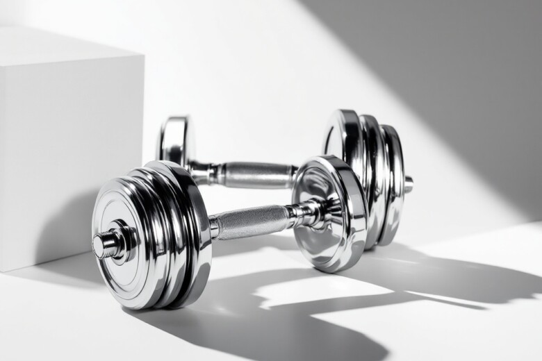 Artistic composition featuring a pair of metal dumbbells in a minimalist, high-contrast setting.