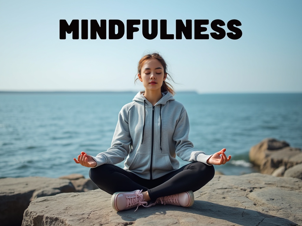 A person meditating cross-legged on a rock by the ocean.