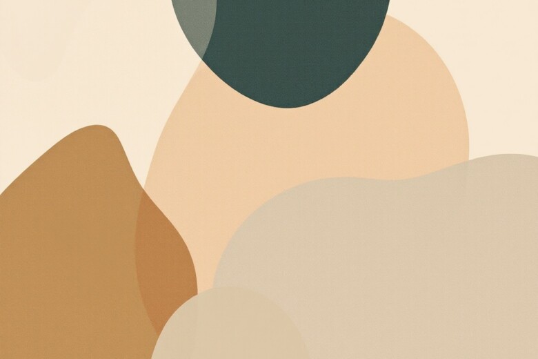 A minimalist design featuring overlapping geometric shapes in earthy tones.