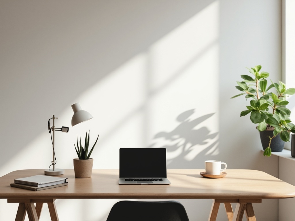 A minimalist office setting with a laptop, notebook, and succulent on a wooden desk.