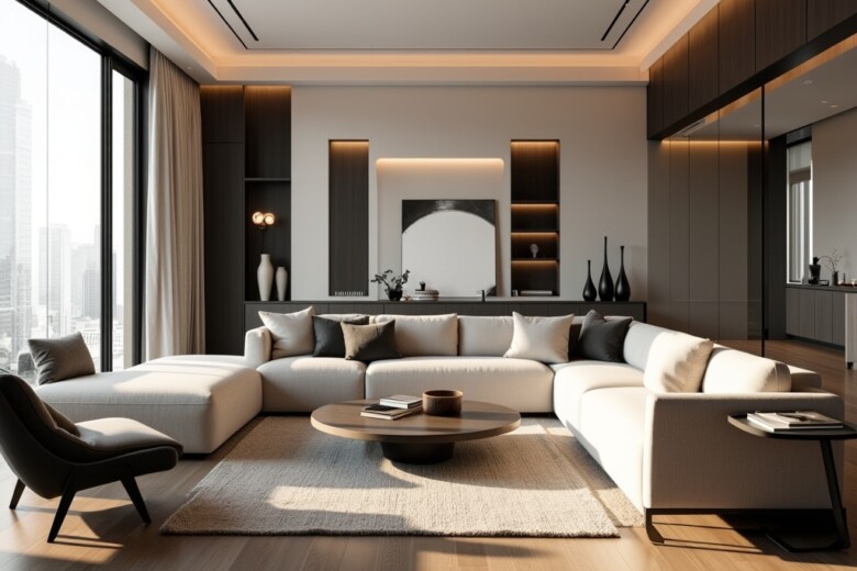 Professional photo of a modern, elegant split living room interior showcasing minimalist and vibrant styles.